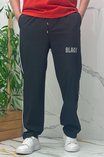 Erkek Yanları Biyeli Reflektör Baskılı Paraşüt Kumaş Baggy Pantolon - Siyah