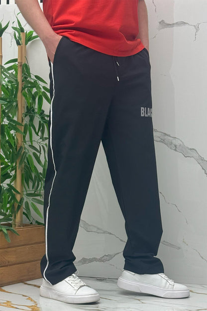 Erkek Yanları Biyeli Reflektör Baskılı Paraşüt Kumaş Baggy Pantolon - Siyah