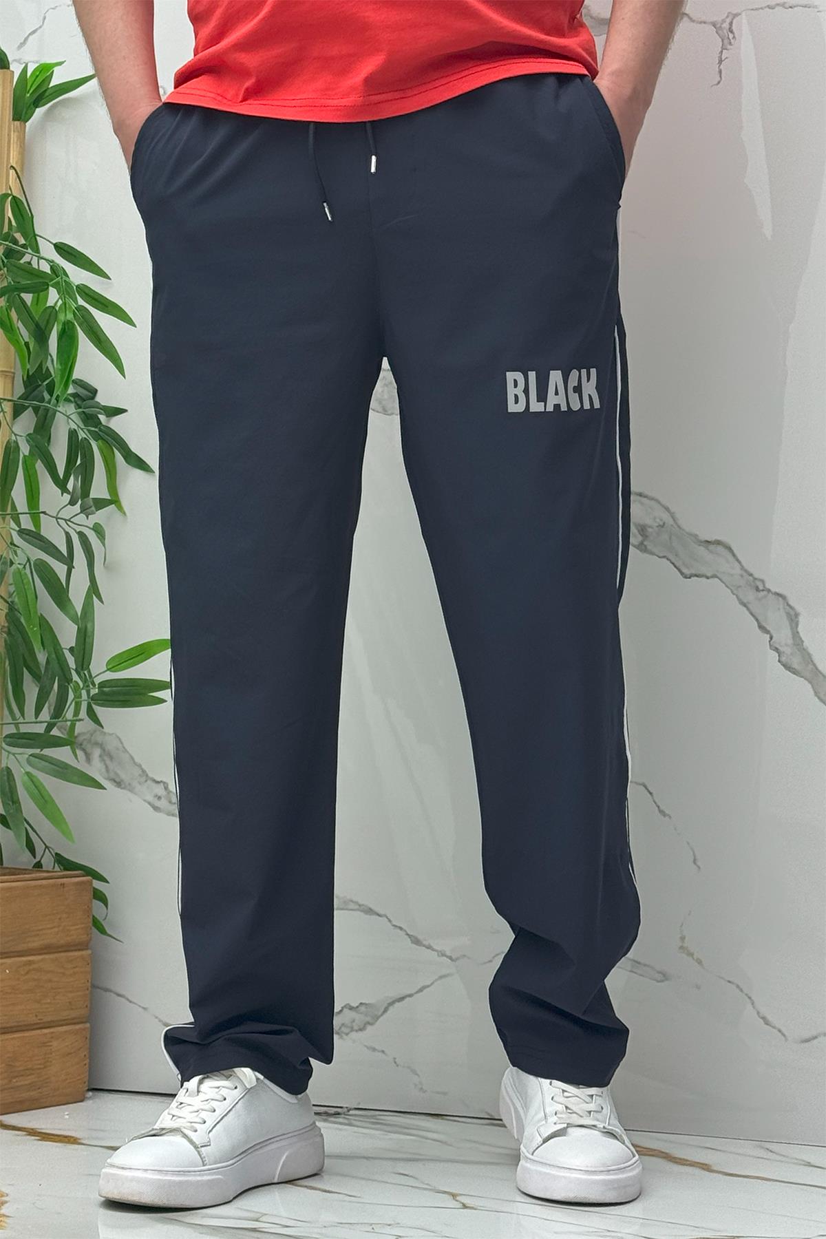 Erkek Yanları Biyeli Reflektör Baskılı Paraşüt Kumaş Baggy Pantolon - Lacivert