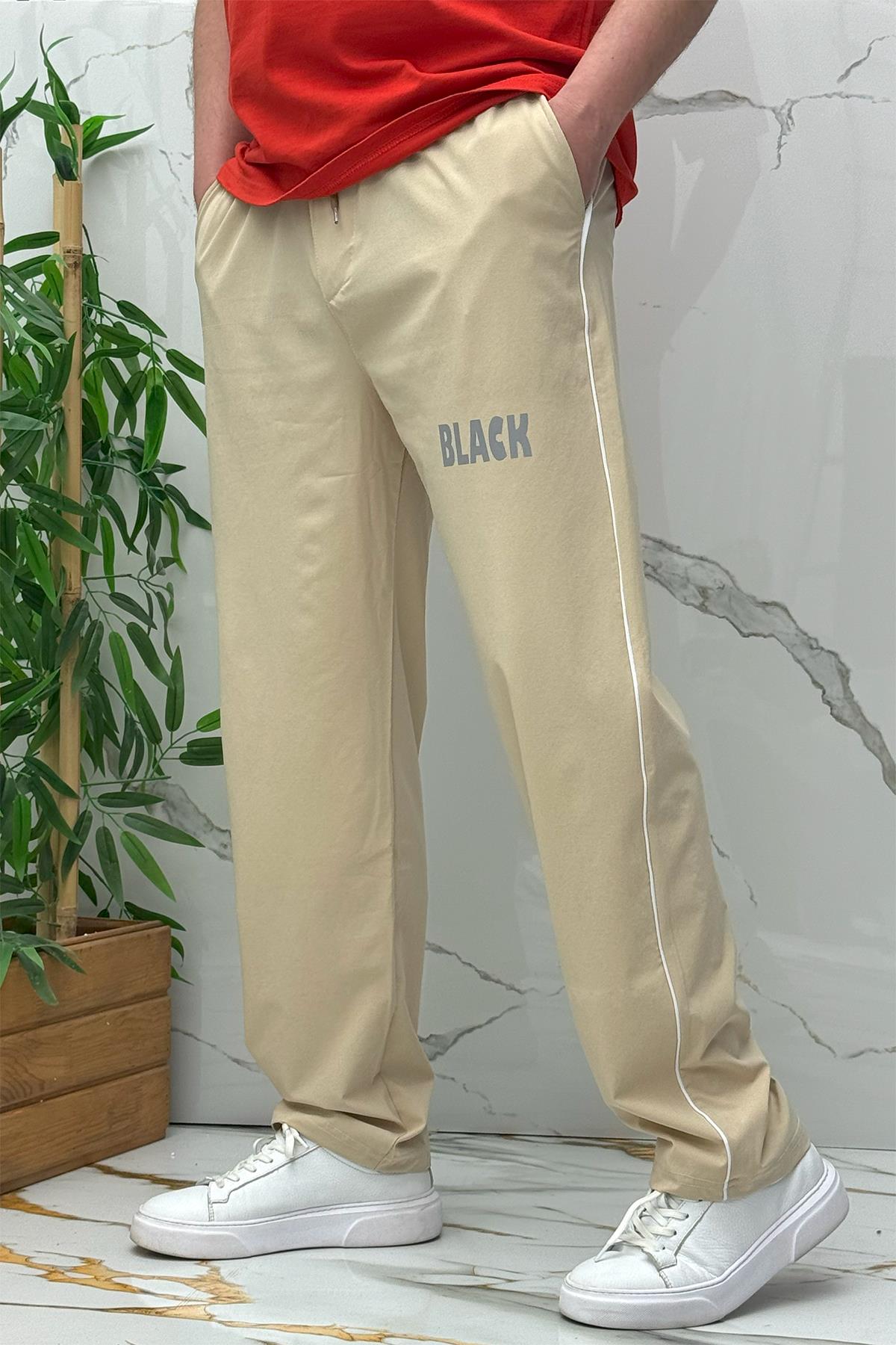 Erkek Yanları Biyeli Reflektör Baskılı Paraşüt Kumaş Baggy Pantolon - Bej