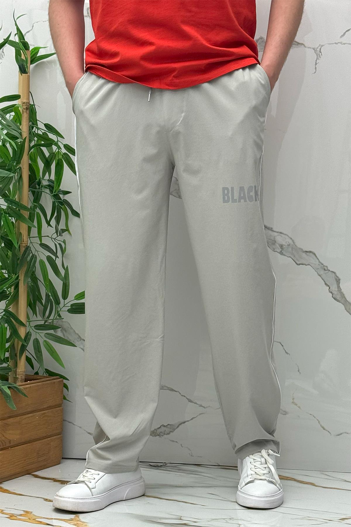 Erkek Yanları Biyeli Reflektör Baskılı Paraşüt Kumaş Baggy Pantolon - Gri