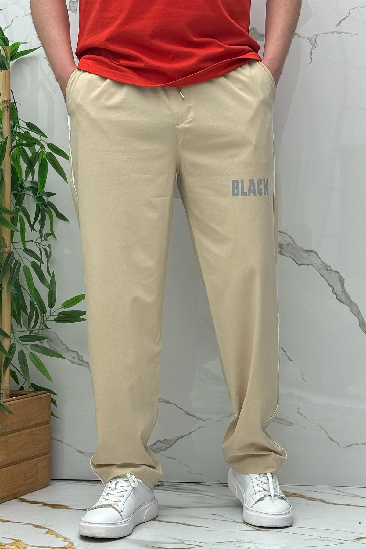 Erkek Yanları Biyeli Reflektör Baskılı Paraşüt Kumaş Baggy Pantolon - Bej