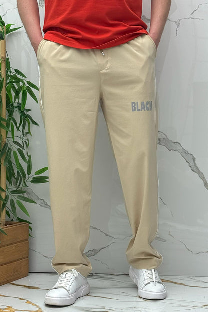 Erkek Yanları Biyeli Reflektör Baskılı Paraşüt Kumaş Baggy Pantolon - Bej