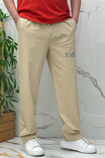 Erkek Yanları Biyeli Reflektör Baskılı Paraşüt Kumaş Baggy Pantolon - Bej