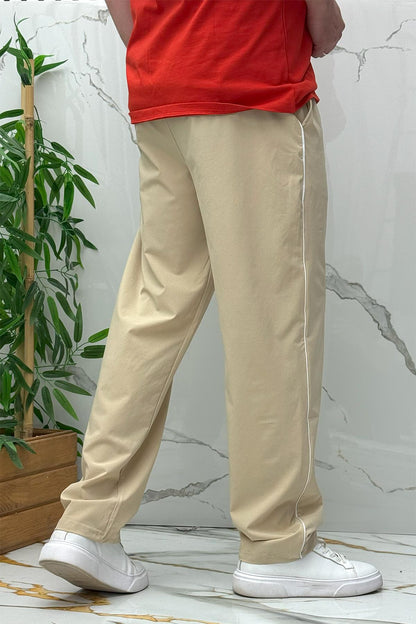 Erkek Yanları Biyeli Reflektör Baskılı Paraşüt Kumaş Baggy Pantolon - Bej