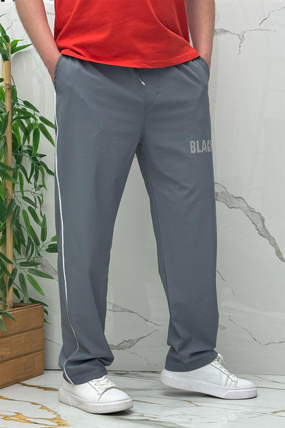 Erkek Yanları Biyeli Reflektör Baskılı Paraşüt Kumaş Baggy Pantolon - Koyu Gri