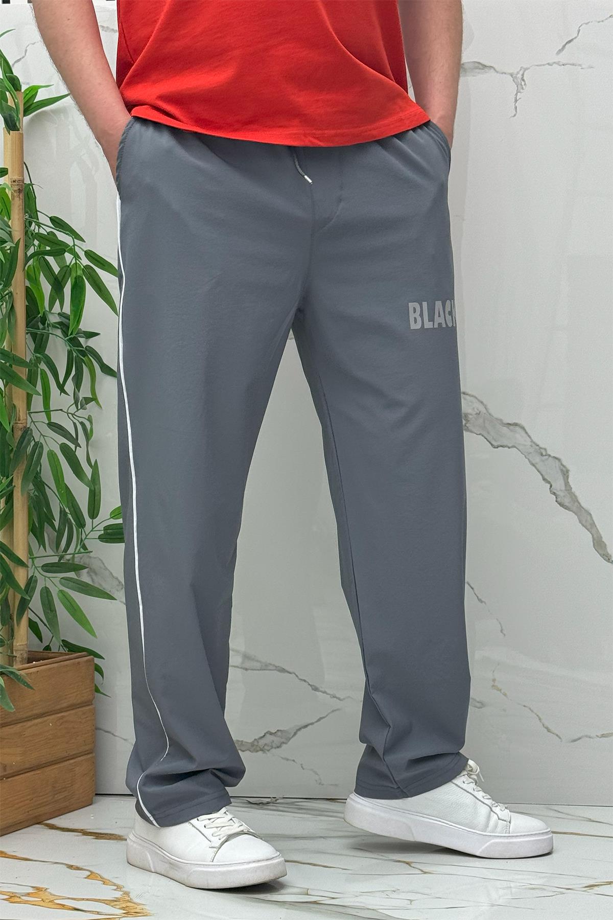 Erkek Yanları Biyeli Reflektör Baskılı Paraşüt Kumaş Baggy Pantolon - Koyu Gri