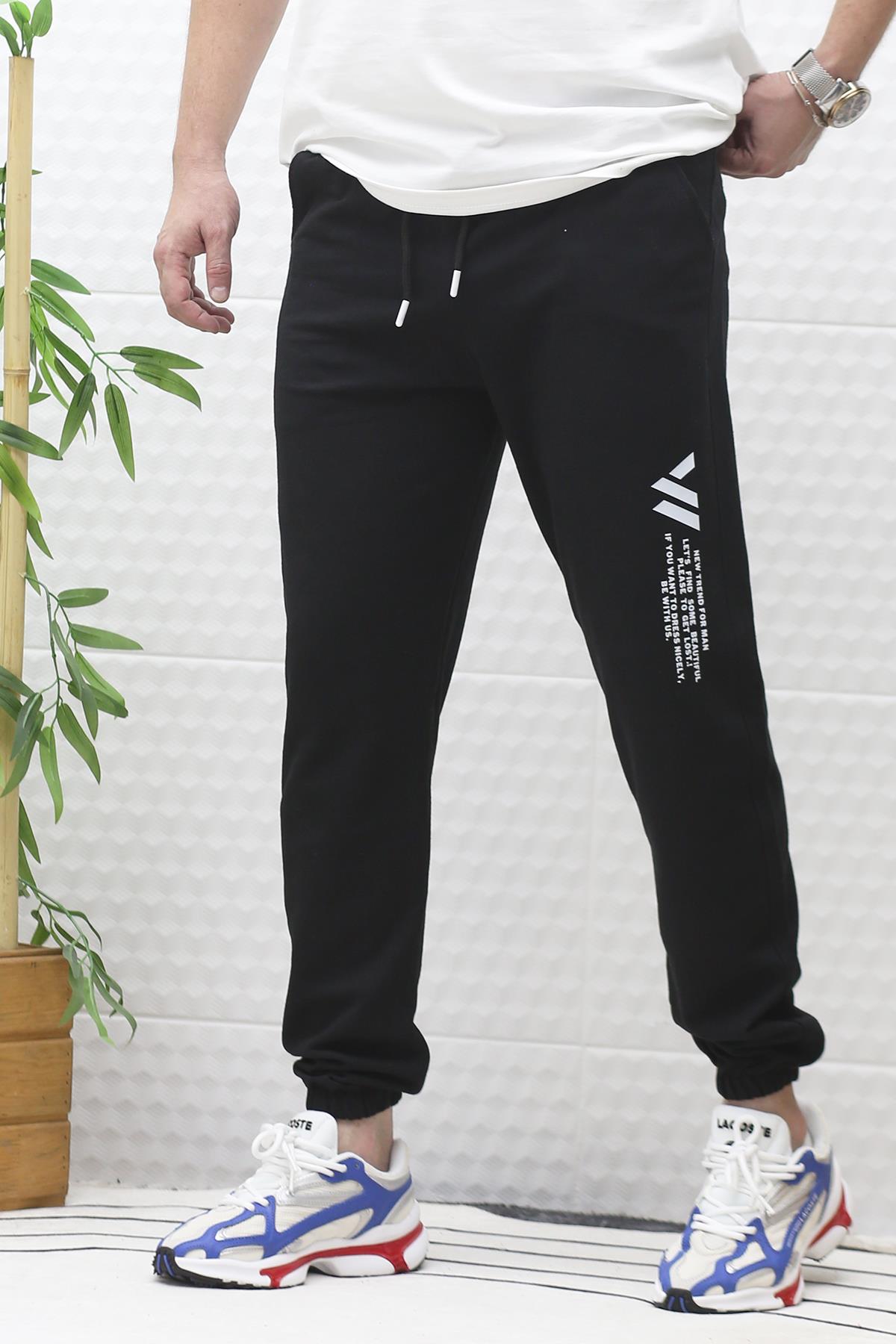 Erkek Yazlık Eşofman Altı Wafra Yan Baskı - Siyah