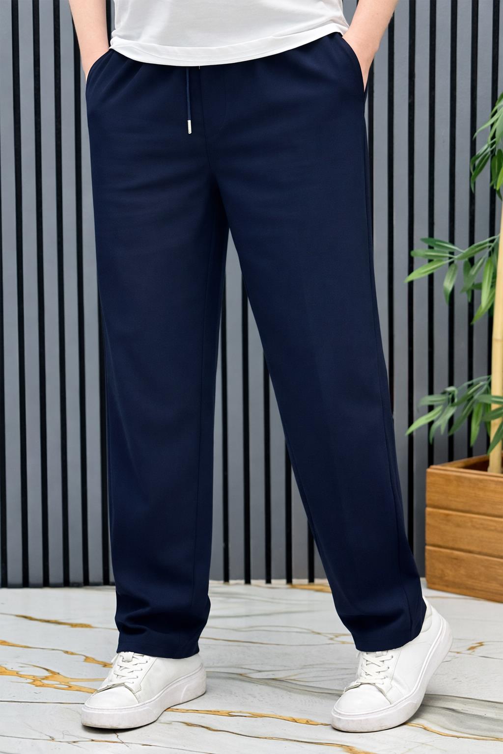 Erkek Yazlık Kumaş Baggy Beli Lastikli Pantolon - Lacivert