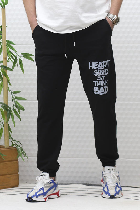 Erkek Yazlık Penye Eşofman Altı Heart Baskı - Siyah