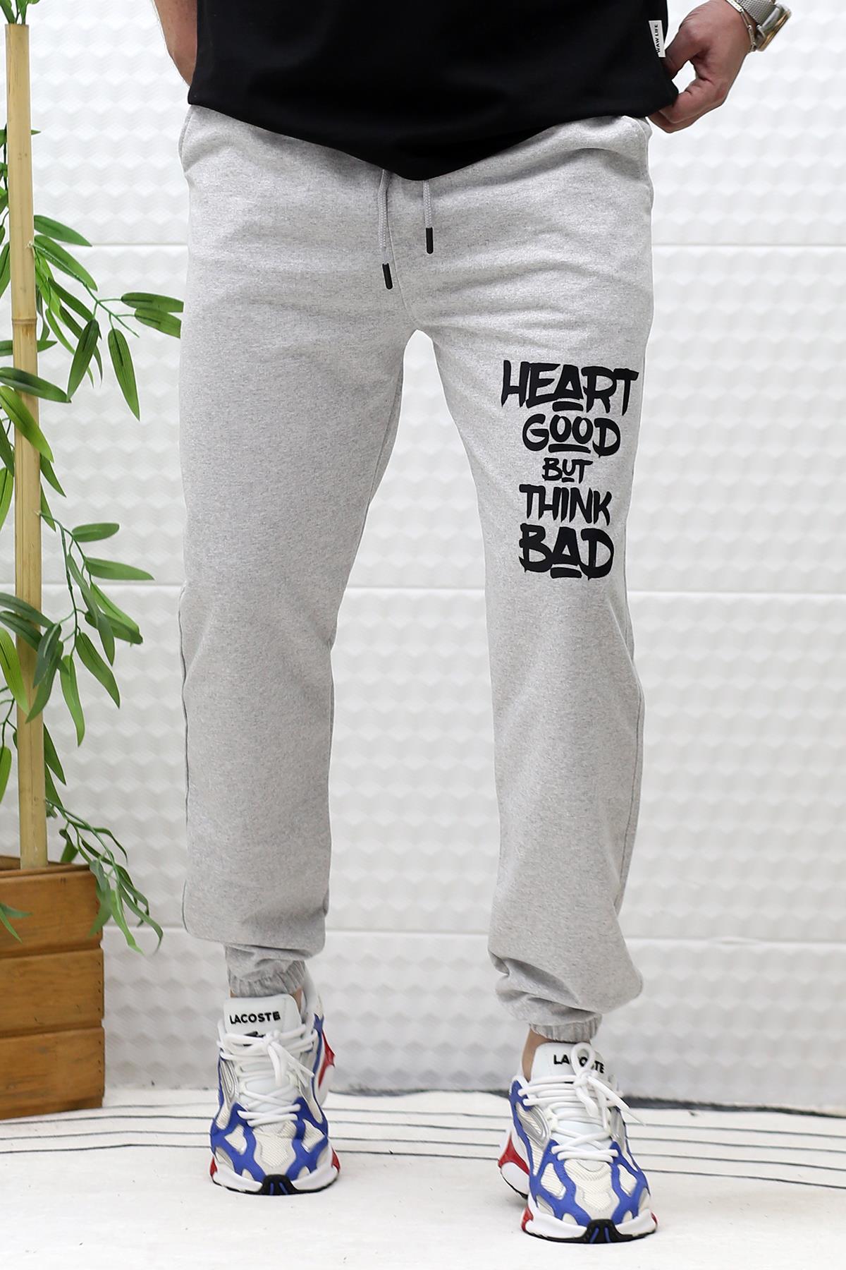 Erkek Yazlık Penye Eşofman Altı Heart Baskı - Gri