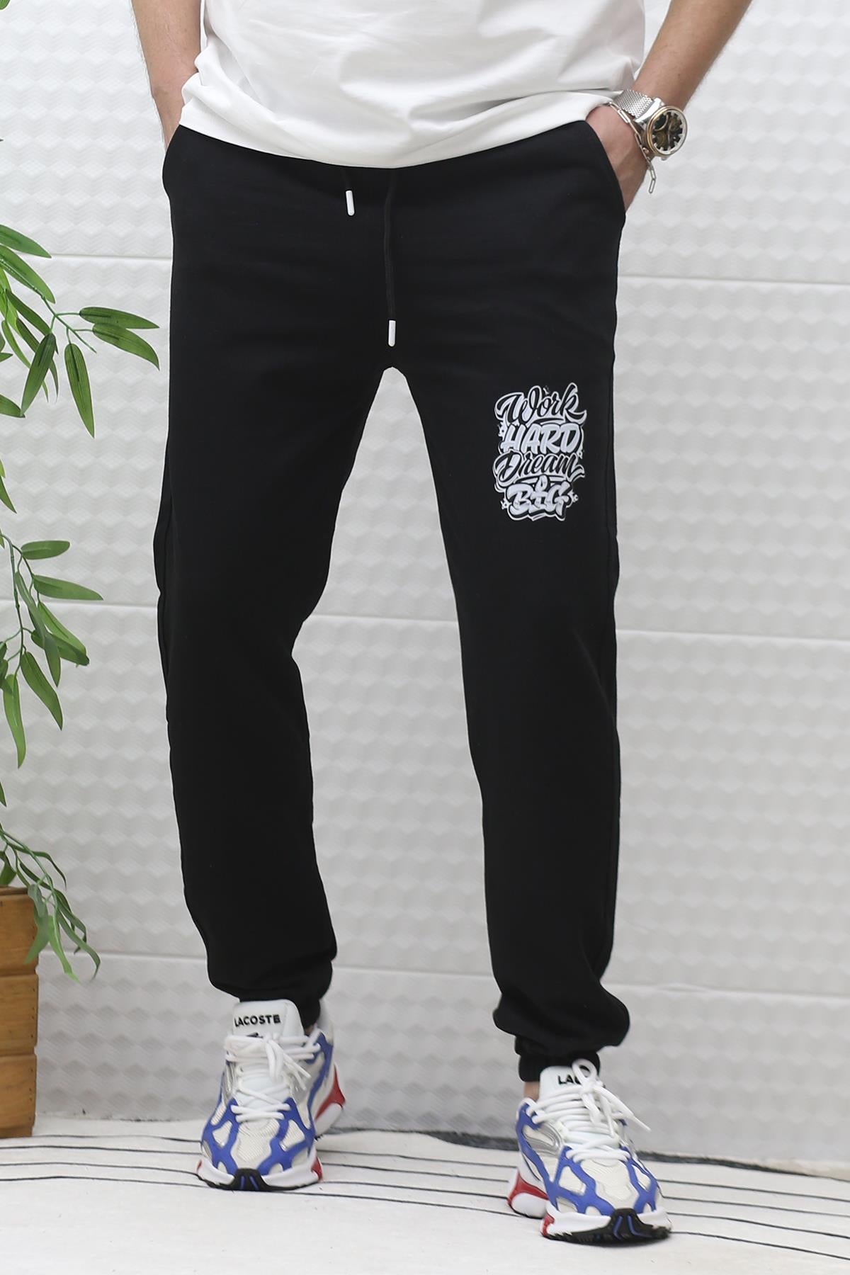 Erkek Yazlık Penye Eşofman Altı Work-Hard Baskılı - Siyah