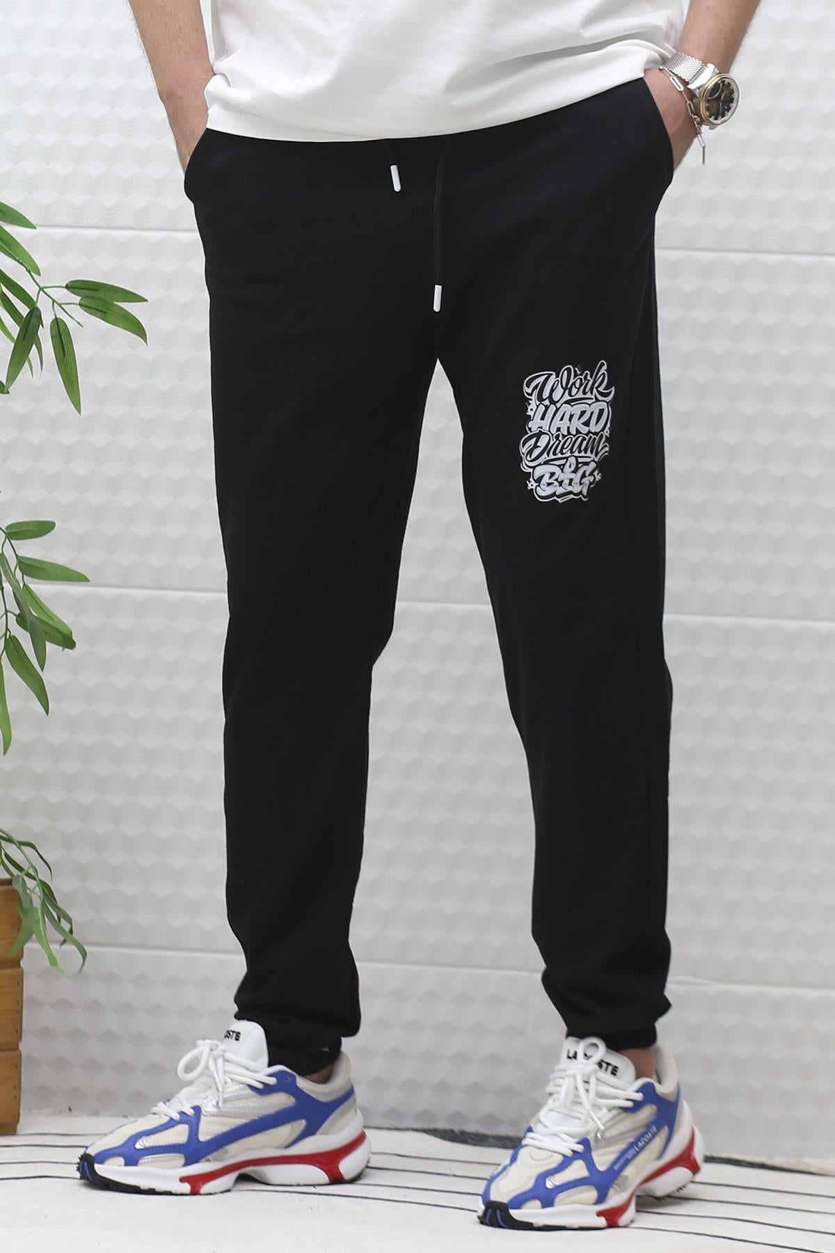 Erkek Yazlık Penye Eşofman Altı Work-Hard Baskılı - Siyah