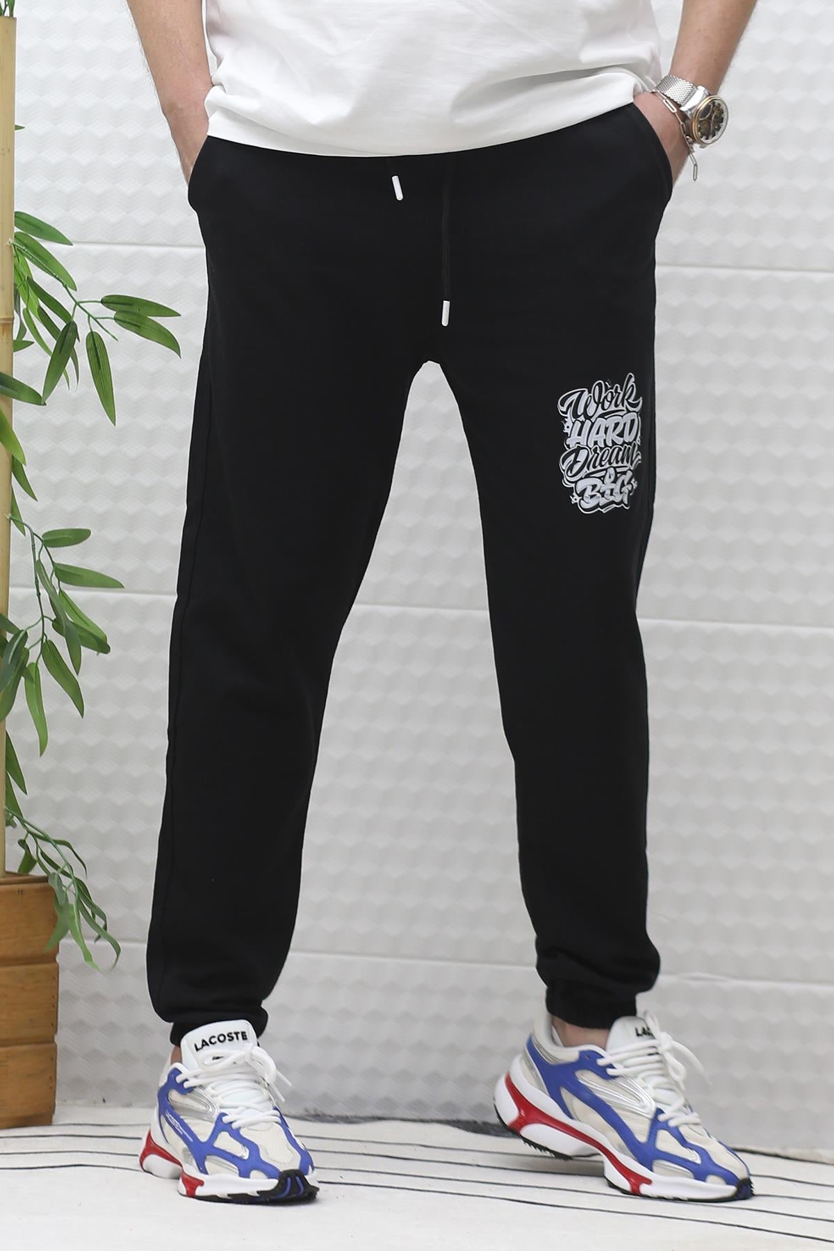 Erkek Yazlık Penye Eşofman Altı Work-Hard Baskılı - Siyah