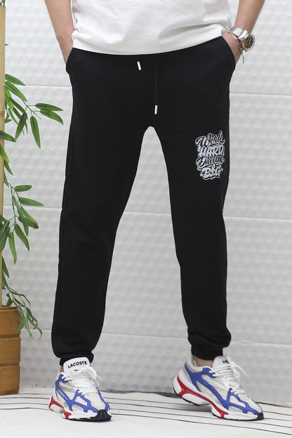 Erkek Yazlık Penye Eşofman Altı Work-Hard Baskılı - Siyah