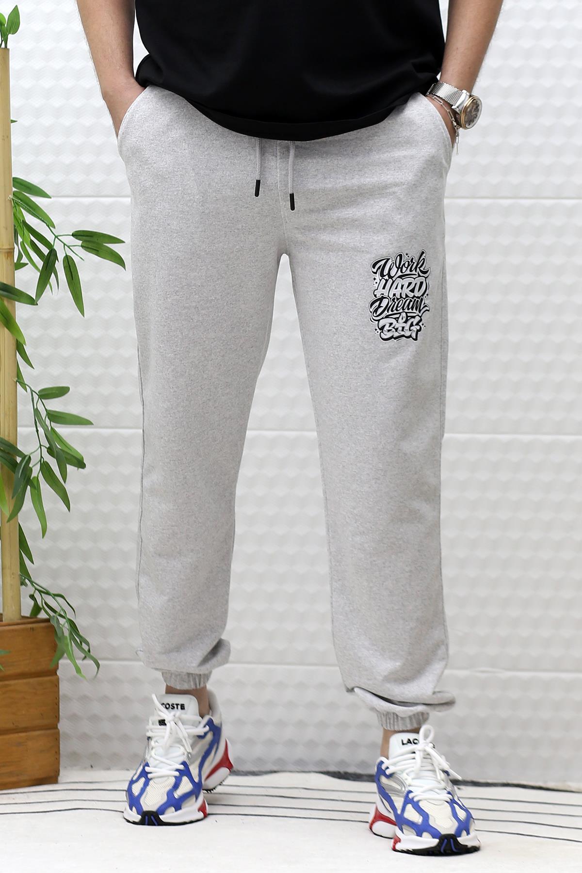 Erkek Yazlık Penye Eşofman Altı Work-Hard Baskılı - Gri