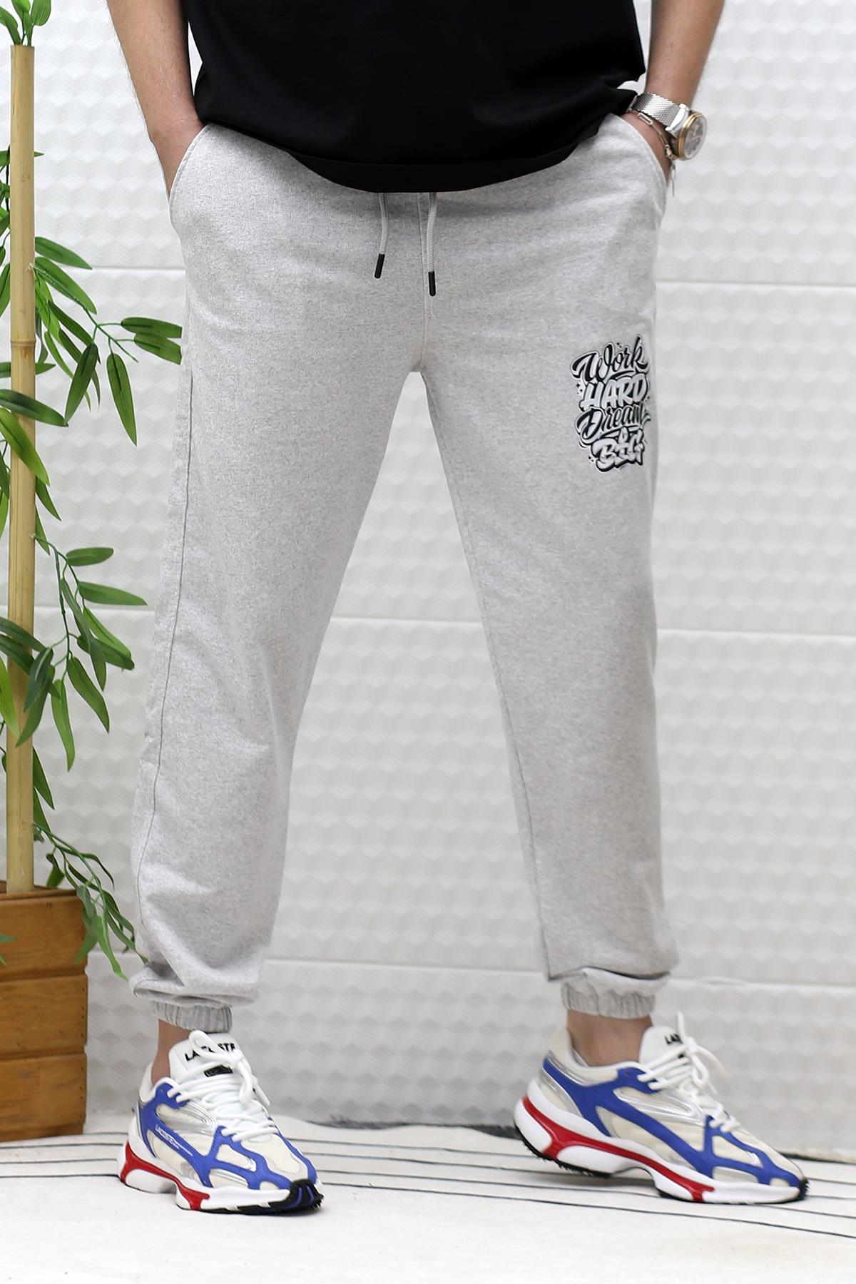 Erkek Yazlık Penye Eşofman Altı Work-Hard Baskılı - Gri