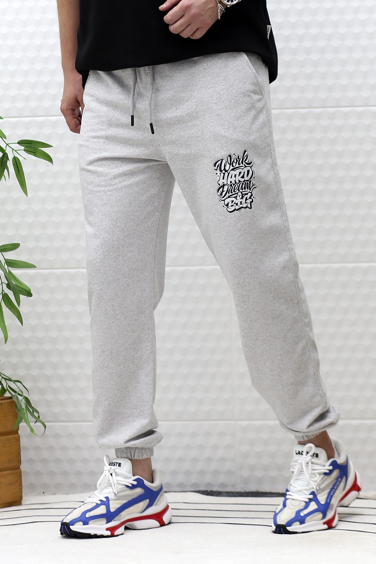 Erkek Yazlık Penye Eşofman Altı Work-Hard Baskılı - Gri