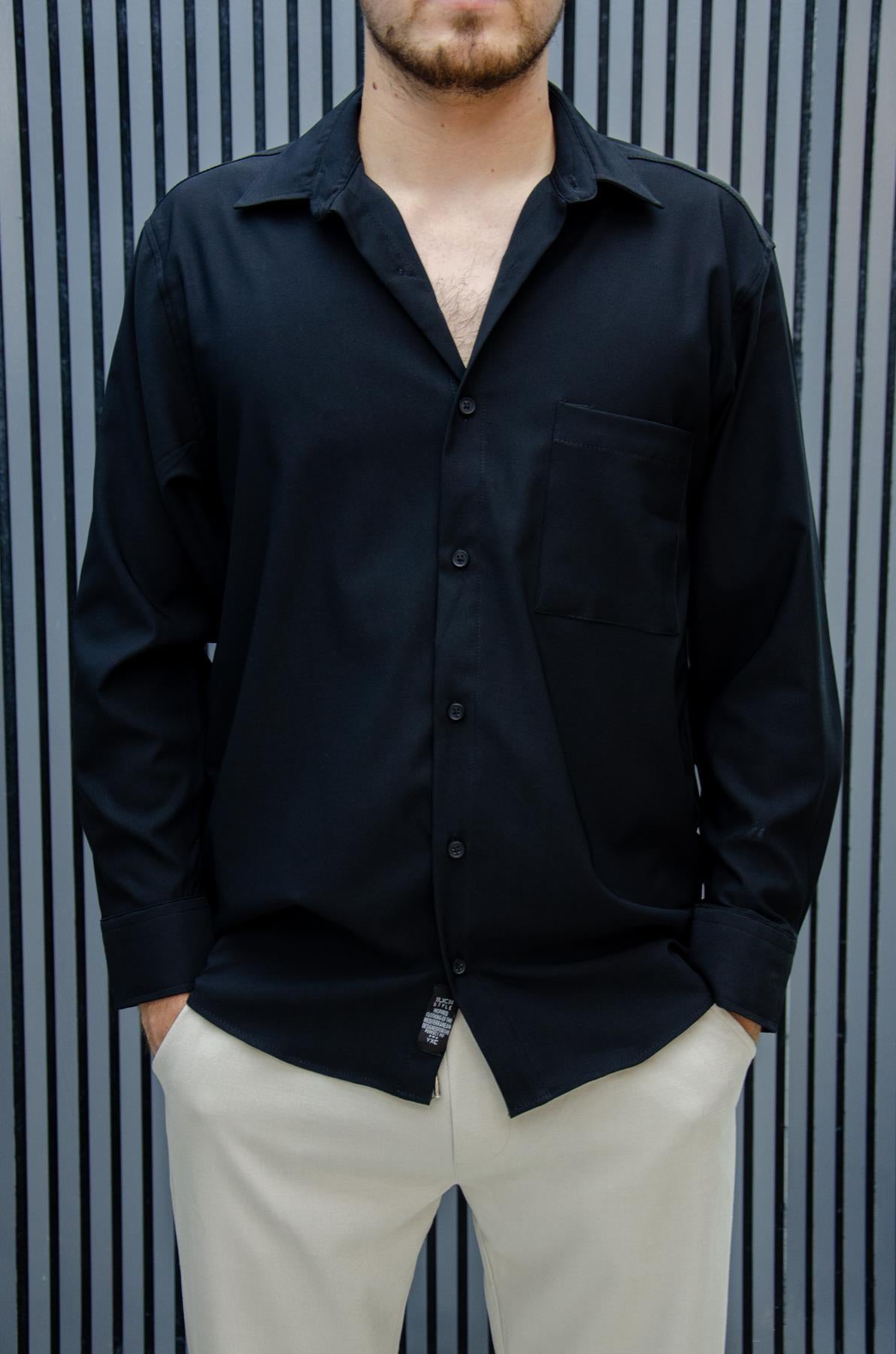 Erkek Yazlık Tiril Tiril Aktüs Cepli Oversize Gömlek - Siyah