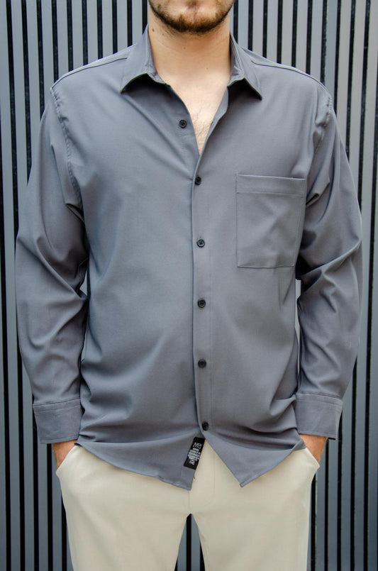Erkek Yazlık Tiril Tiril Aktüs Cepli Oversize Gömlek - Füme
