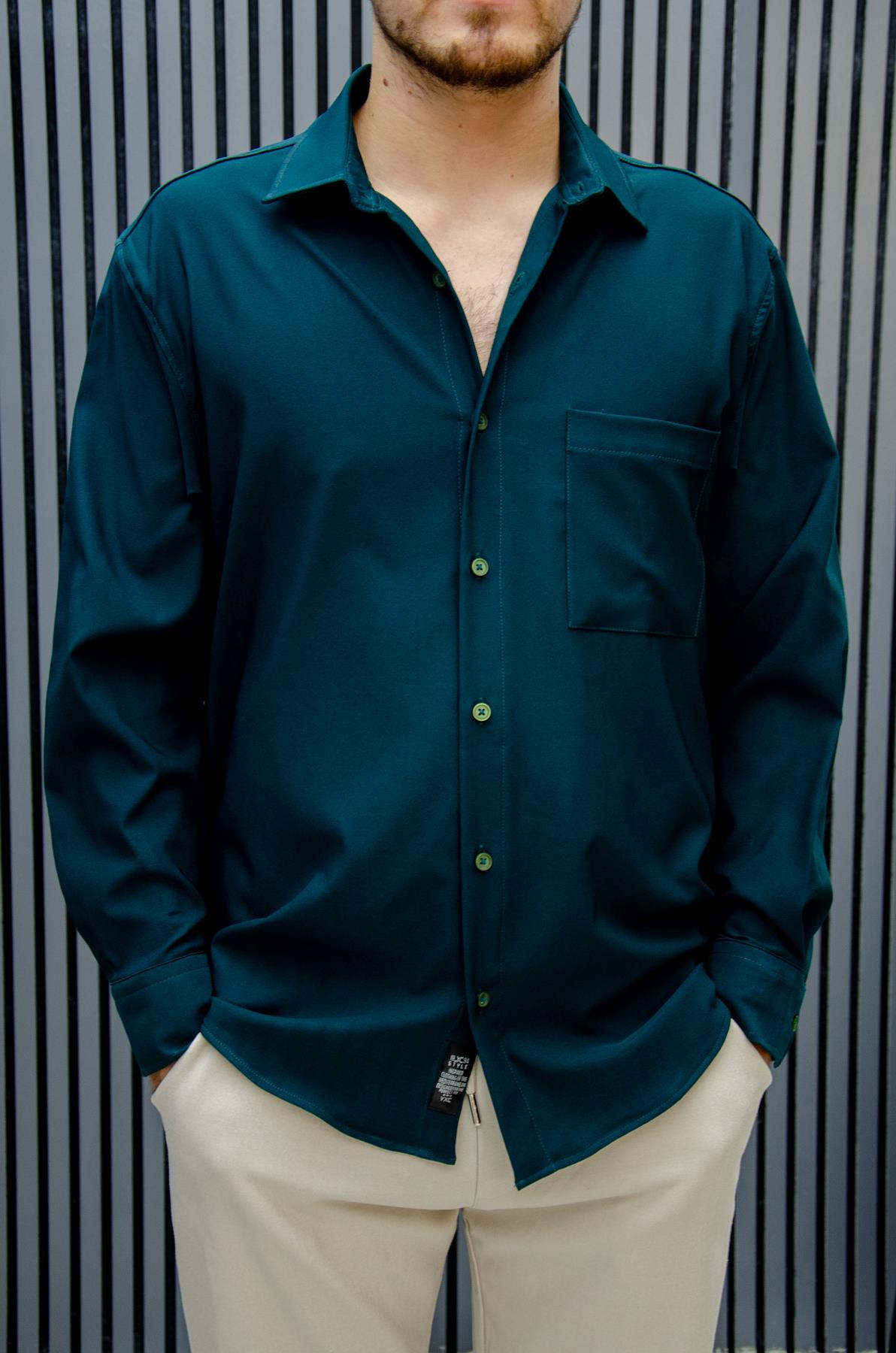 Erkek Yazlık Tiril Tiril Aktüs Cepli Oversize Gömlek - Koyu Yeşil