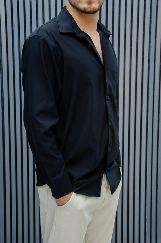 Erkek Yazlık Tiril Tiril Aktüs Cepli Oversize Gömlek - Siyah