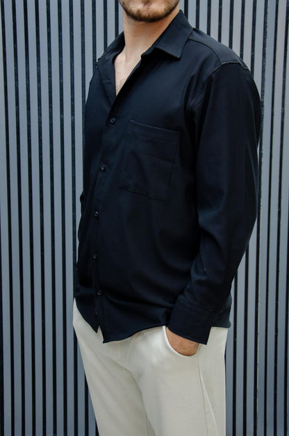 Erkek Yazlık Tiril Tiril Aktüs Cepli Oversize Gömlek - Siyah