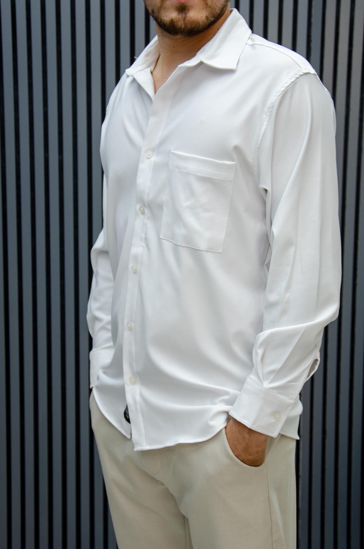 Erkek Yazlık Tiril Tiril Aktüs Cepli Oversize Gömlek - Beyaz