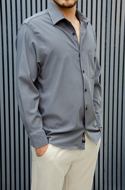 Erkek Yazlık Tiril Tiril Aktüs Cepli Oversize Gömlek - Füme