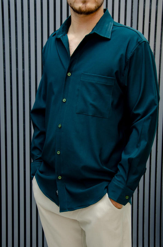Erkek Yazlık Tiril Tiril Aktüs Cepli Oversize Gömlek - Koyu Yeşil