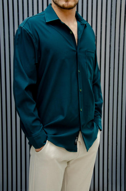 Erkek Yazlık Tiril Tiril Aktüs Cepli Oversize Gömlek - Koyu Yeşil