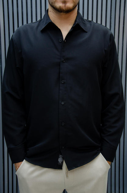 Erkek Yazlık Tiril Tiril Aktüs Oversize Gömlek - Siyah