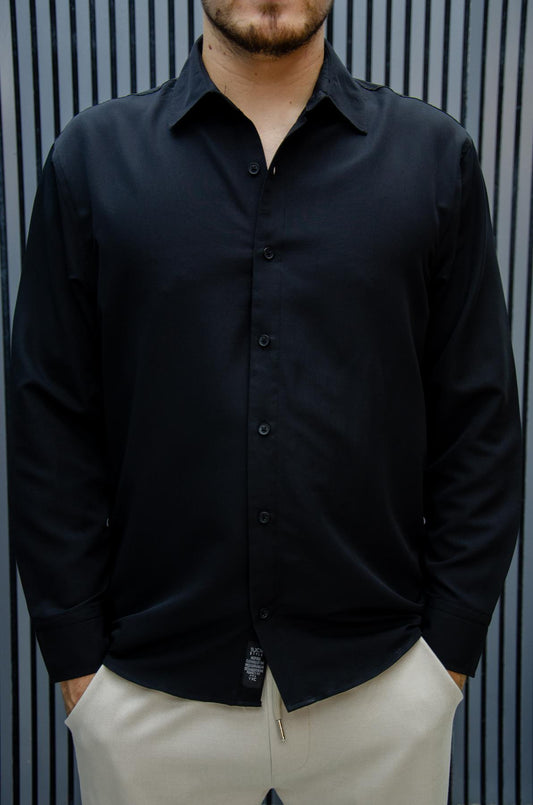 Erkek Yazlık Tiril Tiril Aktüs Oversize Gömlek - Siyah