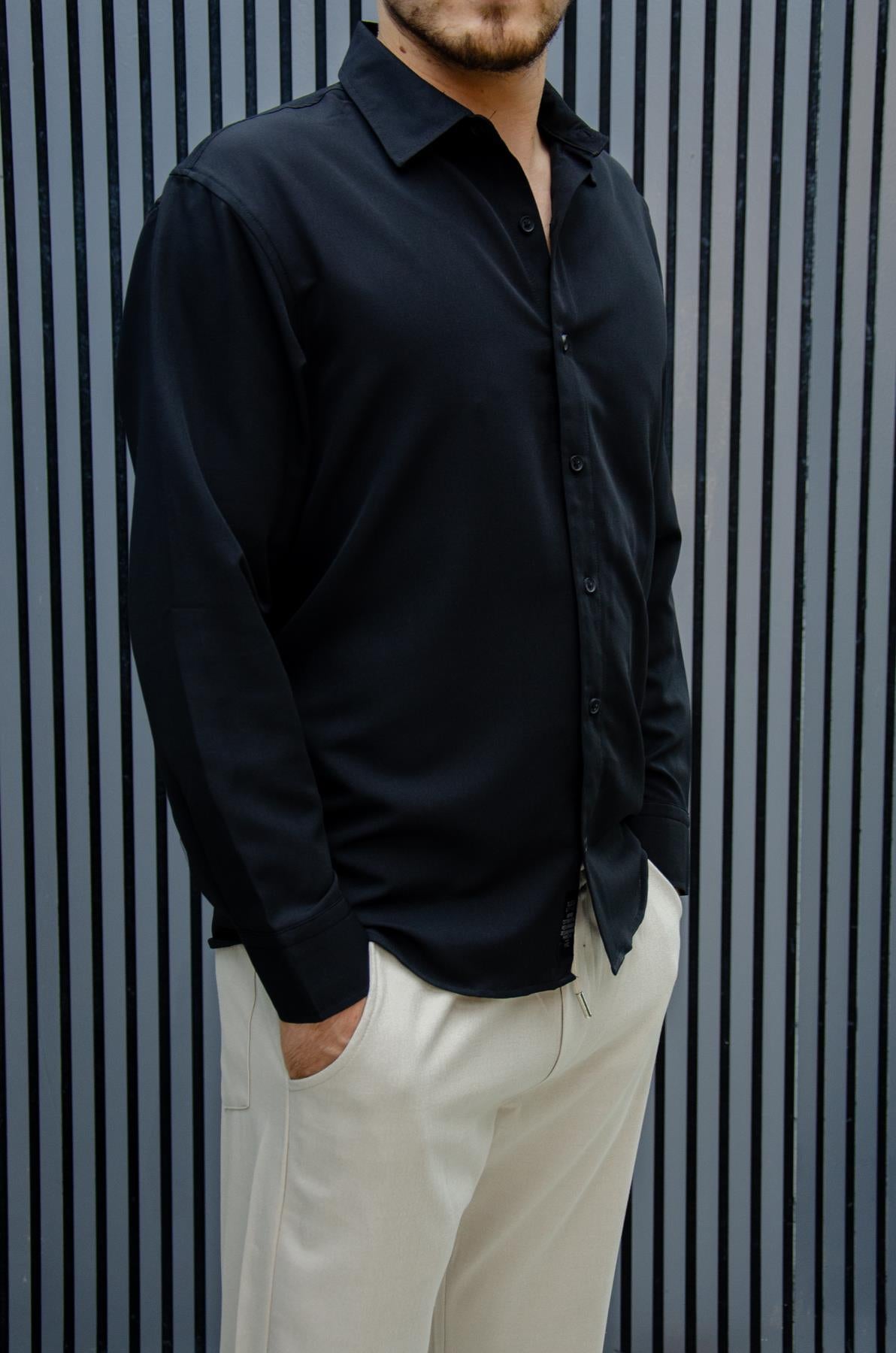 Erkek Yazlık Tiril Tiril Aktüs Oversize Gömlek - Siyah