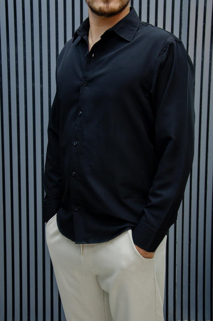 Erkek Yazlık Tiril Tiril Aktüs Oversize Gömlek - Siyah