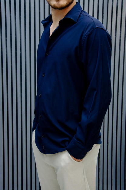 Erkek Yazlık Tiril Tiril Aktüs Oversize Gömlek - Lacivert