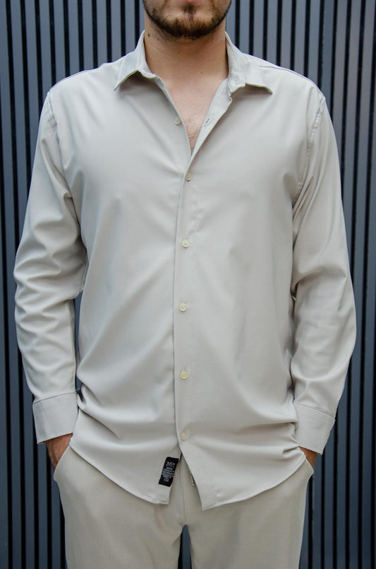 Erkek Yazlık Tiril Tiril Aktüs Oversize Gömlek - Bej