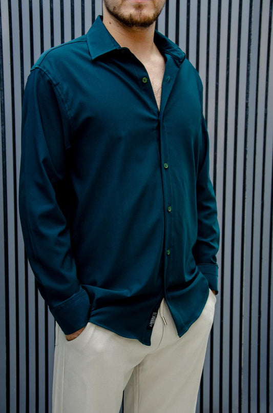 Erkek Yazlık Tiril Tiril Aktüs Oversize Gömlek - Koyu Yeşil