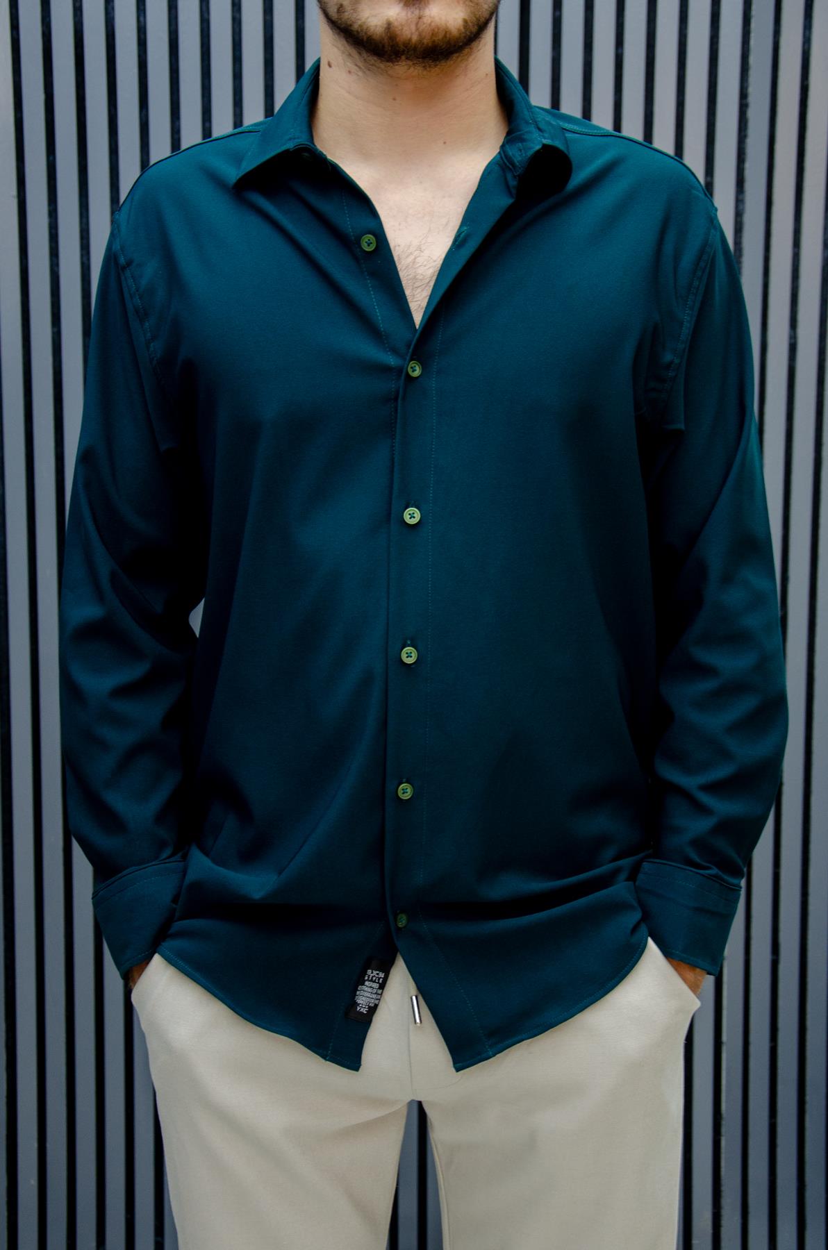 Erkek Yazlık Tiril Tiril Aktüs Oversize Gömlek - Koyu Yeşil