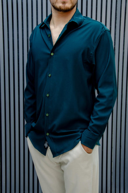 Erkek Yazlık Tiril Tiril Aktüs Oversize Gömlek - Koyu Yeşil