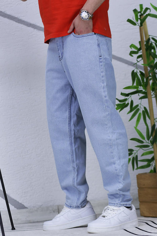 Erkek Yıkamalı Boyfirend Kot Pantolon - Buz Mavi