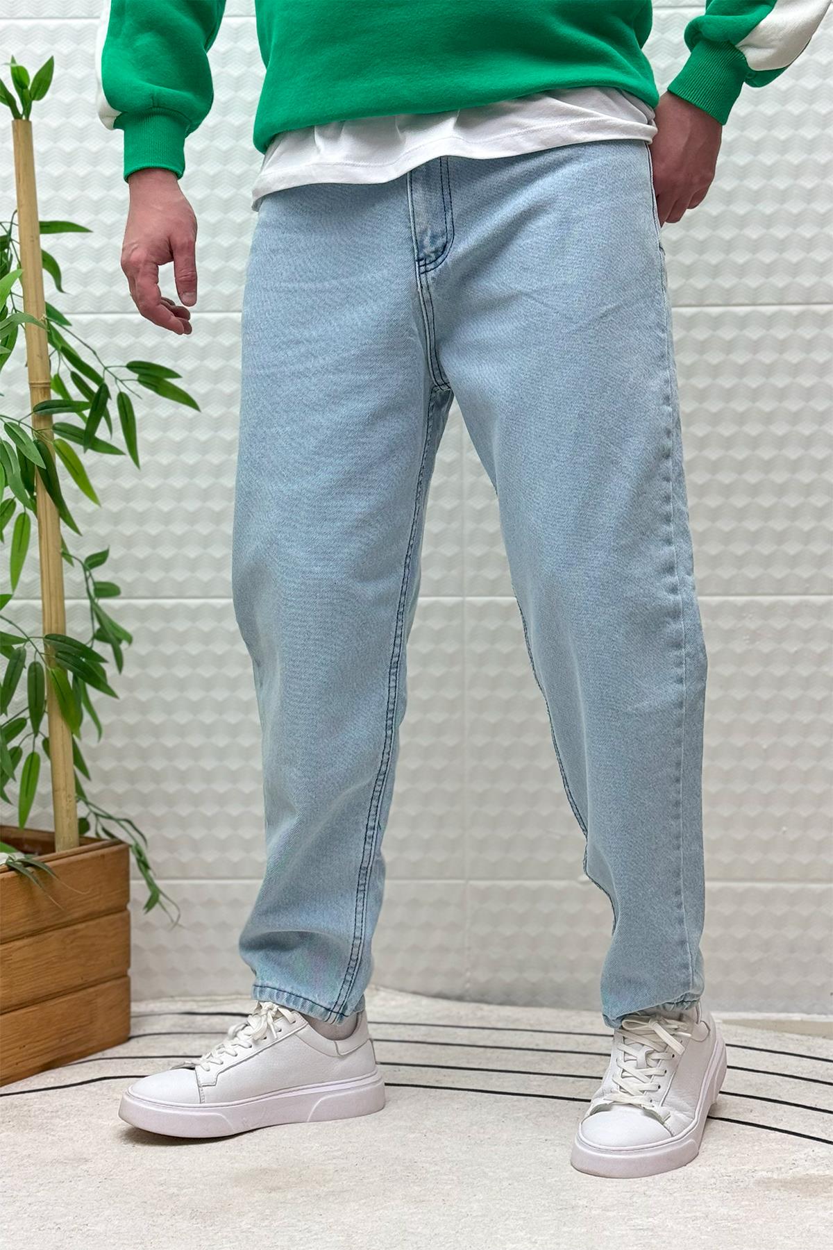 Erkek Yıkamalı Boyfirend Kot Pantolon - Buz Mavi