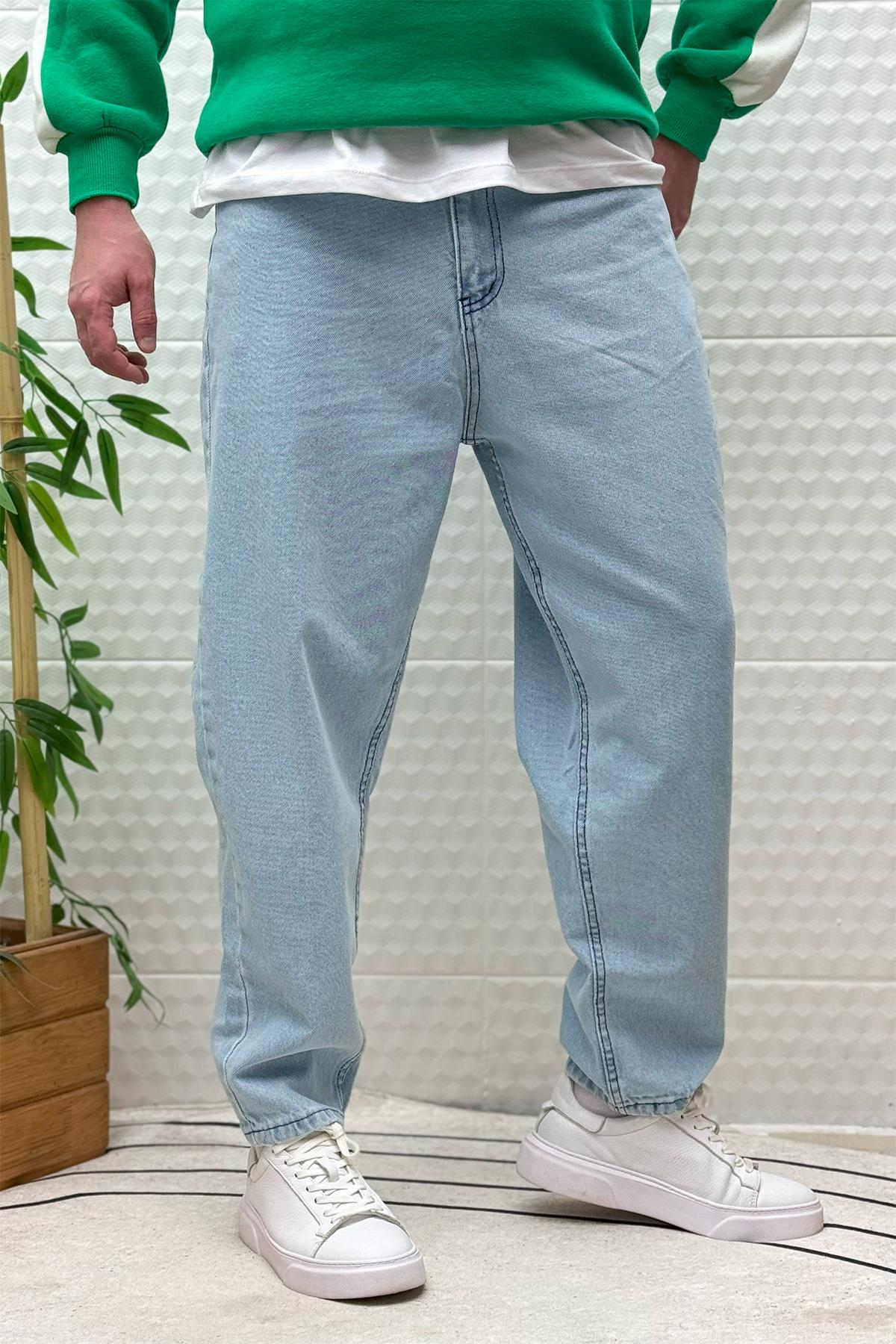 Erkek Yıkamalı Boyfirend Kot Pantolon - Buz Mavi